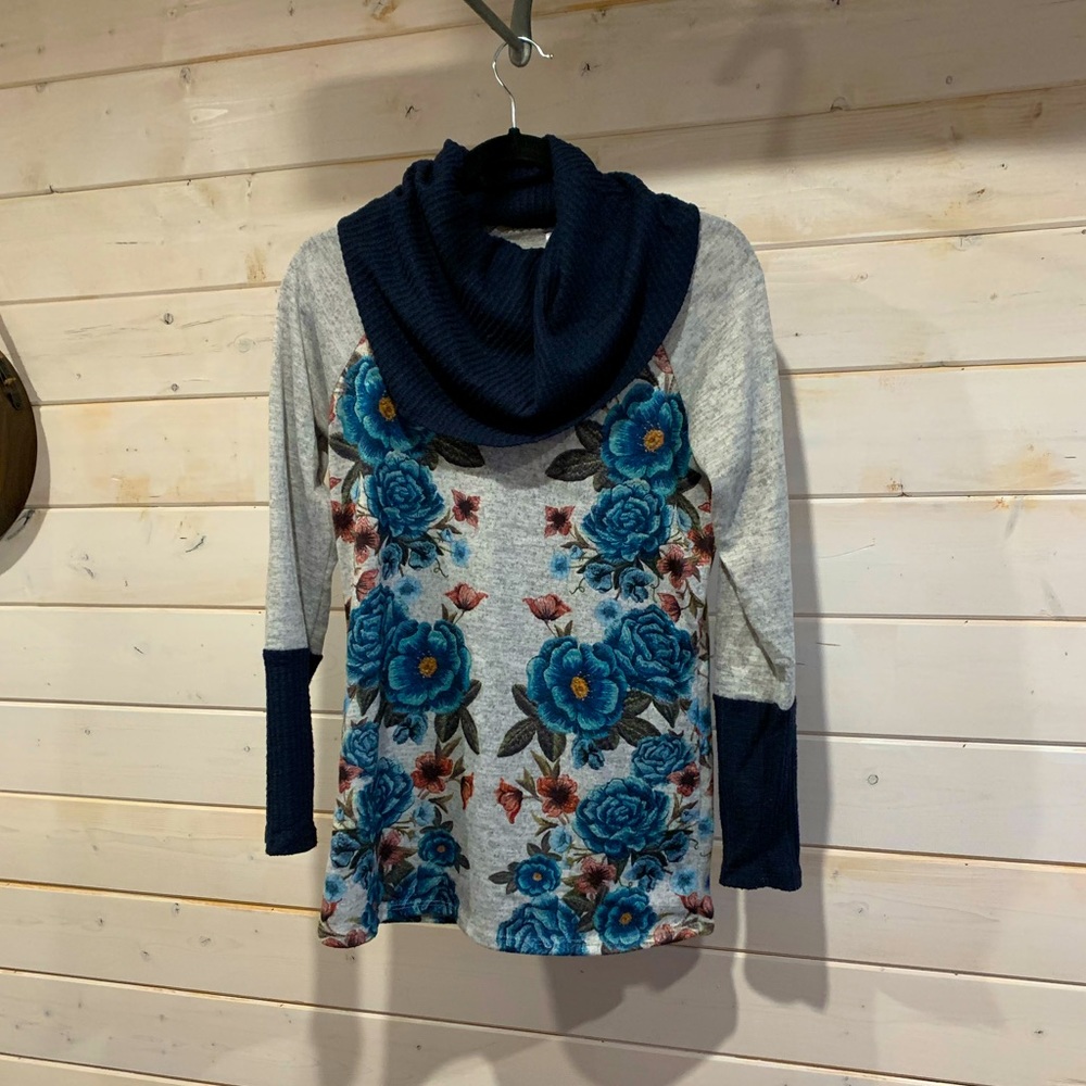Acting Pro | Blue Floral Cowl Neck Sweater